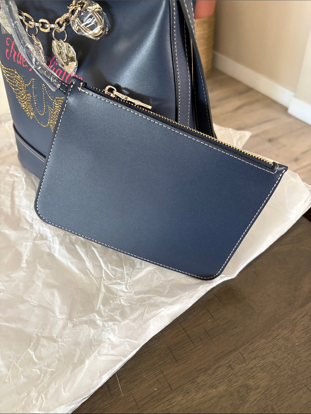 True Religion Faux Navy Leather Charm Shoulder Bag - Picture 9 of 13